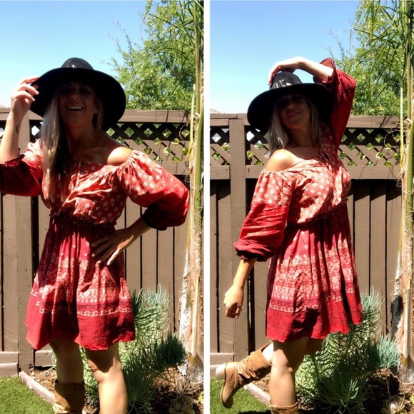 New! Clearance 🔥 Desert Red Boho Off theShoulders Ruffle Dress - Picture 15 of 15
